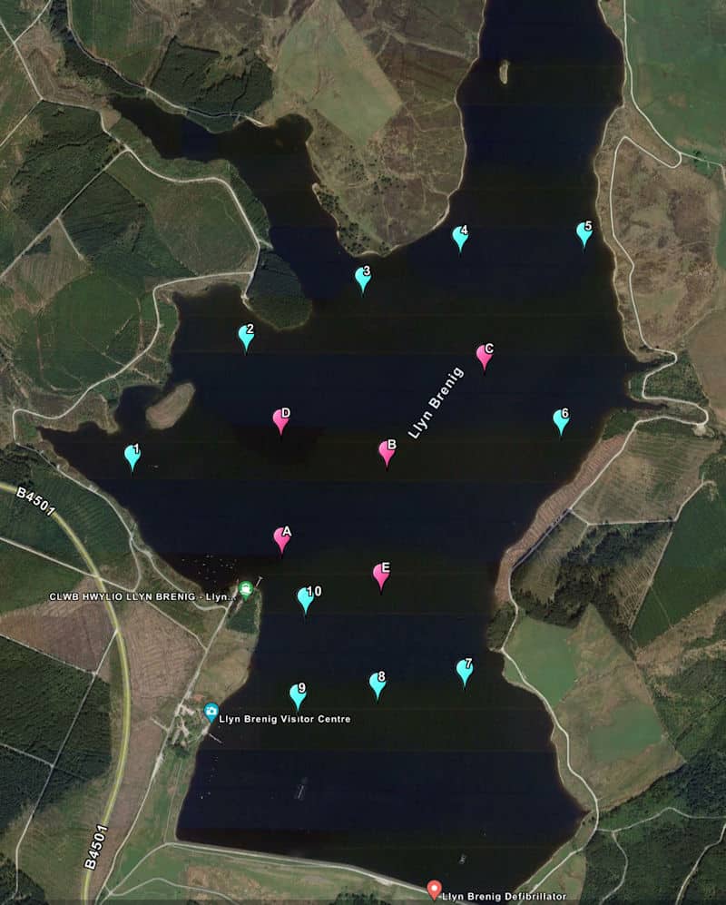 Map showing location of buoys on Llyn Brening.