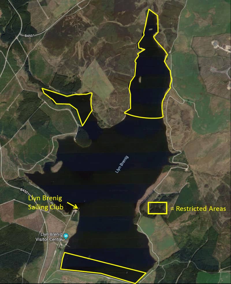 Map of Llyn Brening showing restricted areas which are off limits for sailing.
