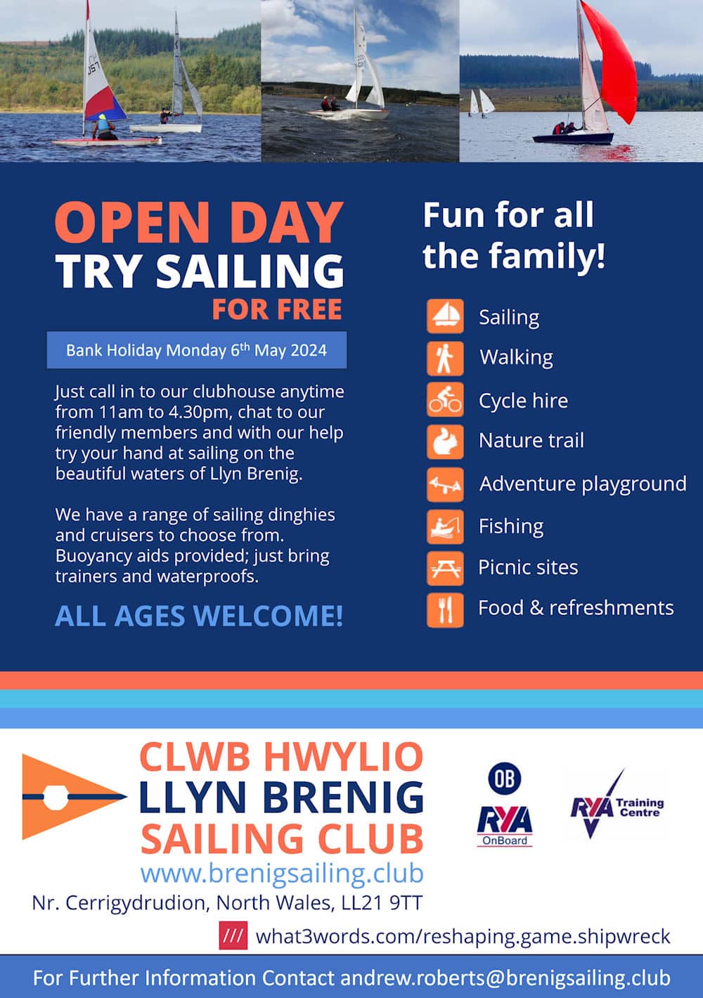 Llyn Brenig Sailing Club Open Day May 2024: try sailing for free.