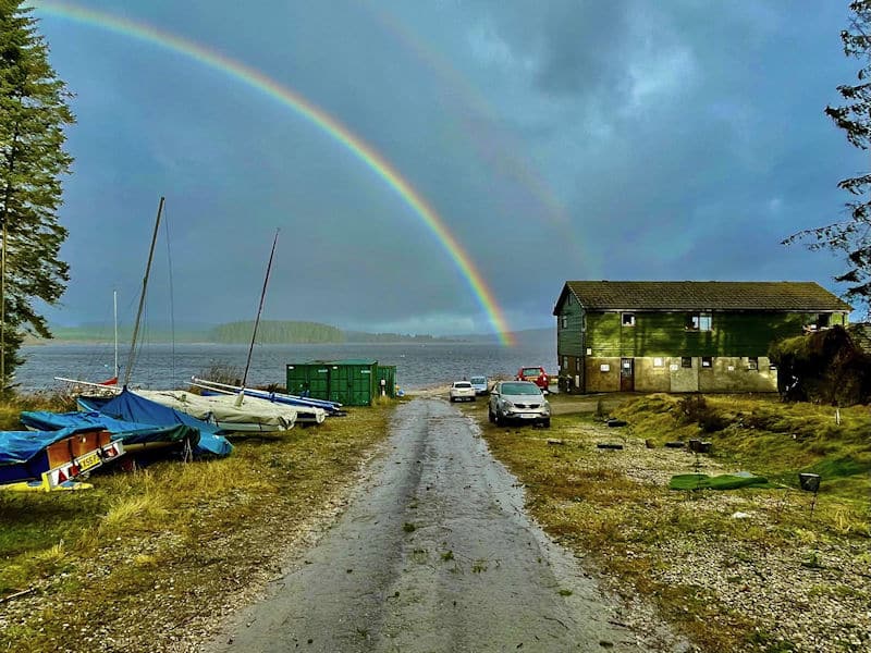 Rainbow over Llyn Brenig Sailing Club, North Wales.